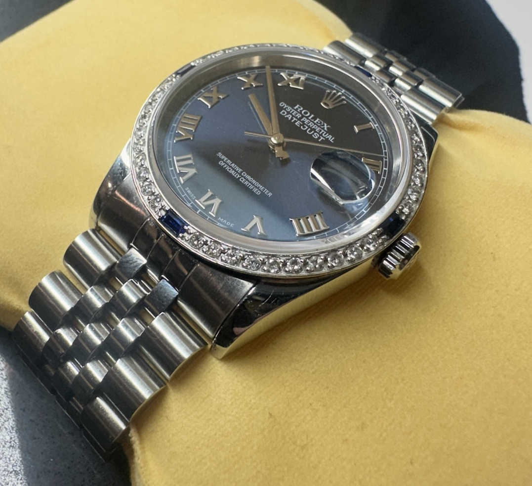 Rolex Datejust 36: three-quarter view of the blue Roman dial, diamond-set bezel and Jubilee bracelet